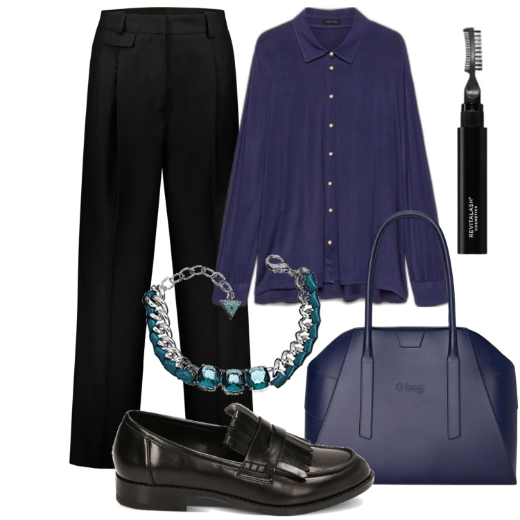 Outfit donna - Manniah Blue e nero. Stile Mannish per Ufficio. Abbinamento con mascara, mocassini, pantaloni, braccialetti, borse a spalla, camicie.