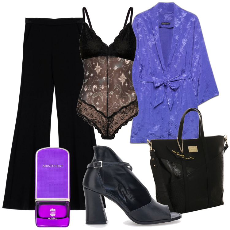 Outfit donna - La camicia kimono. Stile Etnico per Serata fuori. Abbinamento con body, profumi, pantaloni, caftani, sandali in pelle, borse a mano.