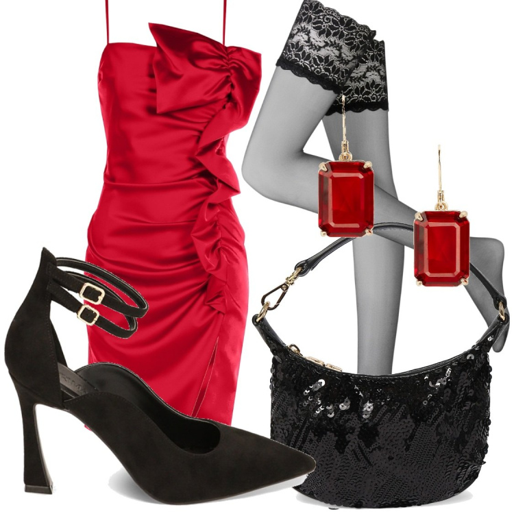 Outfit donna - Una serata di gala. Stile Chic per Cerimonia. Abbinamento con collant, vestiti corti, décolleté, orecchini, pochette.