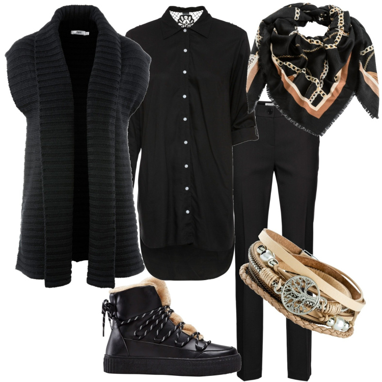 Outfit donna - Total look #1775351. Stile Casual per Tutti i giorni. Abbinamento con sneakers alte, pantaloni, braccialetti, gilet, bluse, foulard.