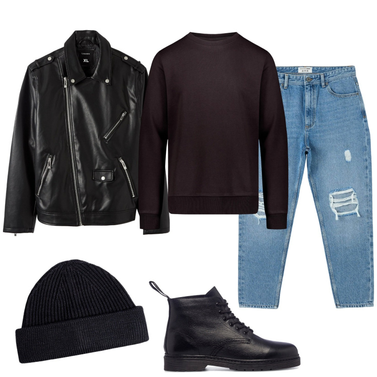 Outfit uomo - Sabato sera. Stile Trendy per Serata speciale. Abbinamento con jeans strappati, cappotti, anfibi, berretti, felpe.
