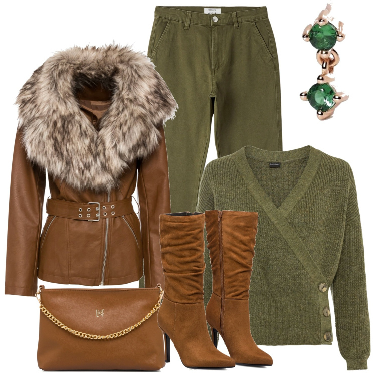 Outfit donna - In città. Stile Casual chic per Tutti i giorni. Abbinamento con maglieria, blazer, pantaloni chino, orecchini, stivali sopra il ginocchio, borse a tracolla.