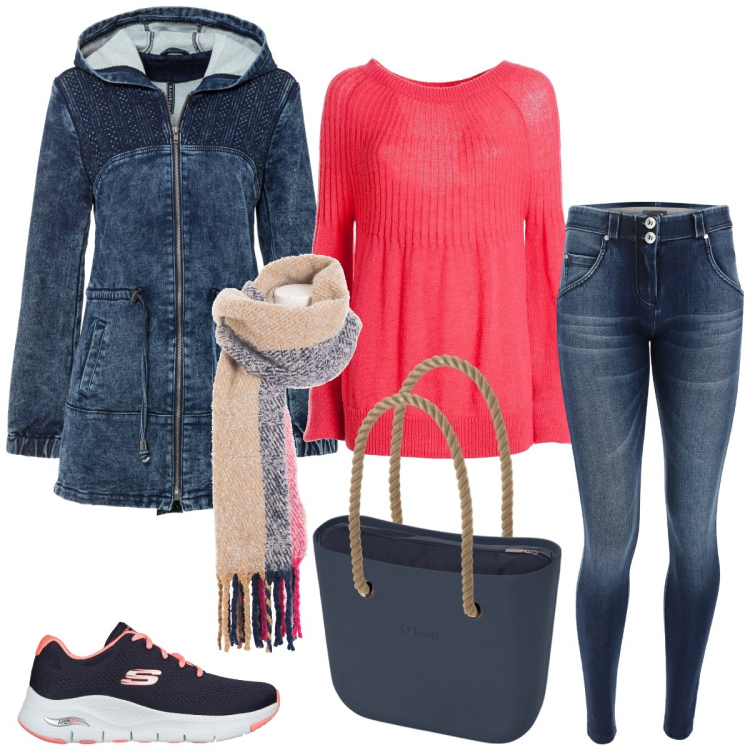 Outfit donna - Università. Stile Casual per Scuola/Università. Abbinamento con parka, maglieria, sciarpe, jeans skinny, sneakers, borse a spalla.