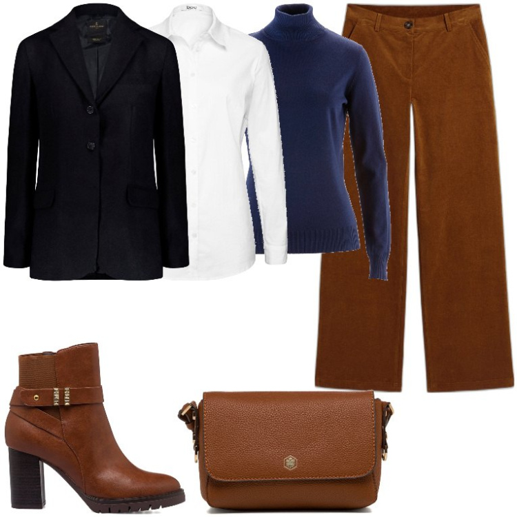 Outfit donna - Martedi di dicembre in ufficio. Stile Mannish per Ufficio. Abbinamento con maglieria, camicie, pantaloni, stivaletti, borse a tracolla, blazer.