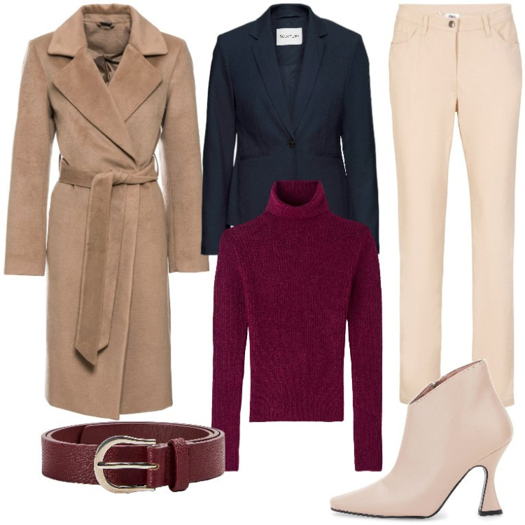 Outfit donna - Mercoledi di dicembre in ufficio. Stile Urban per Ufficio. Abbinamento con blazer, pantaloni, cappotti, maglieria, cinture, stivaletti.
