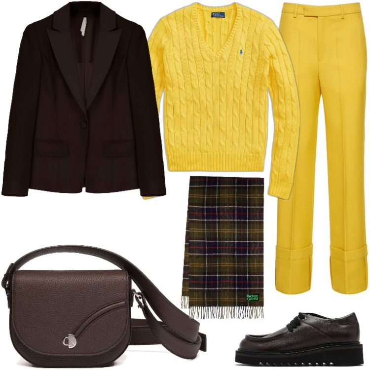 Outfit donna - Giallo in ufficio. Stile Mannish per Ufficio. Abbinamento con giacche, maglieria, pantaloni, scarpe stringate, borse a tracolla, sciarpe.