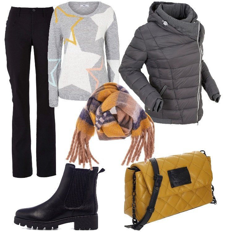 Outfit donna - il maglione con le stelle. Stile Casual per Tutti i giorni. Abbinamento con pantaloni, giacche, maglieria, stivaletti, borse a tracolla, sciarpe.