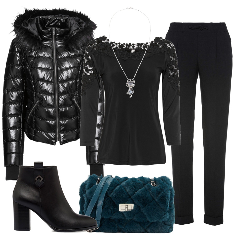 Outfit donna - Da giorno a sera. Stile Chic per Tutti i giorni. Abbinamento con pantaloni, maglieria, collane, cappotti, borse a spalla, stivaletti.