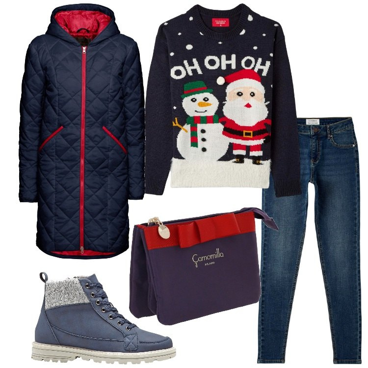 Outfit donna - Christmas with Camomilla Milano. Stile Casual per Tutti i giorni. Abbinamento con blazer, stivaletti, maglieria, jeans skinny, pochette.