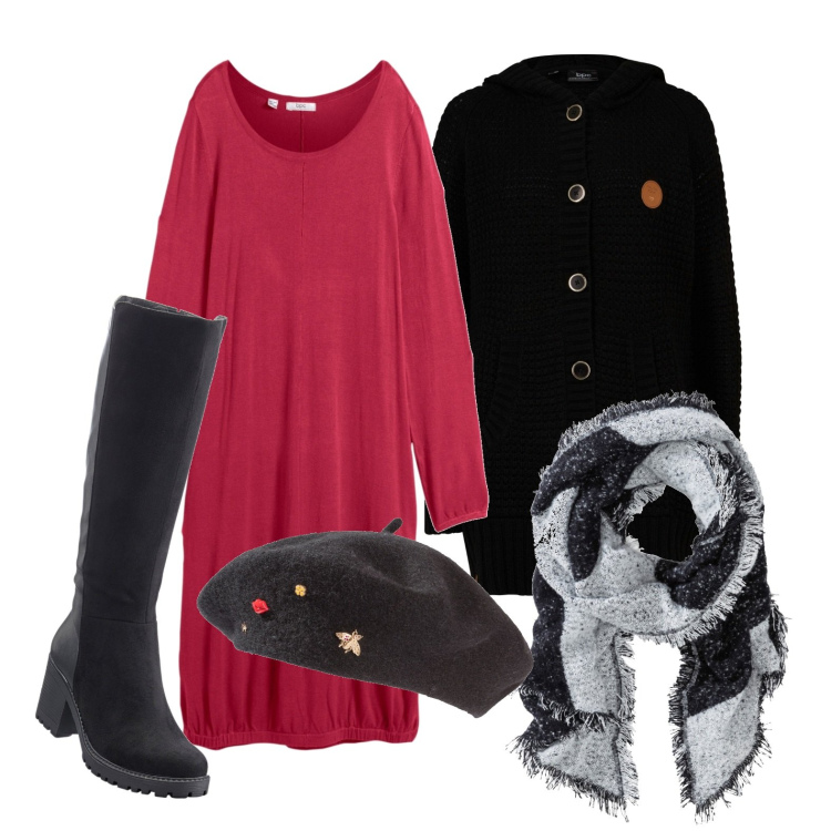 Outfit donna - Ghost outfitter - dicembre. Stile Casual per Tutti i giorni. Abbinamento con cappelli e berretti, vestiti midi/longuette, stivali sopra il ginocchio, cardigans, sciarpe.