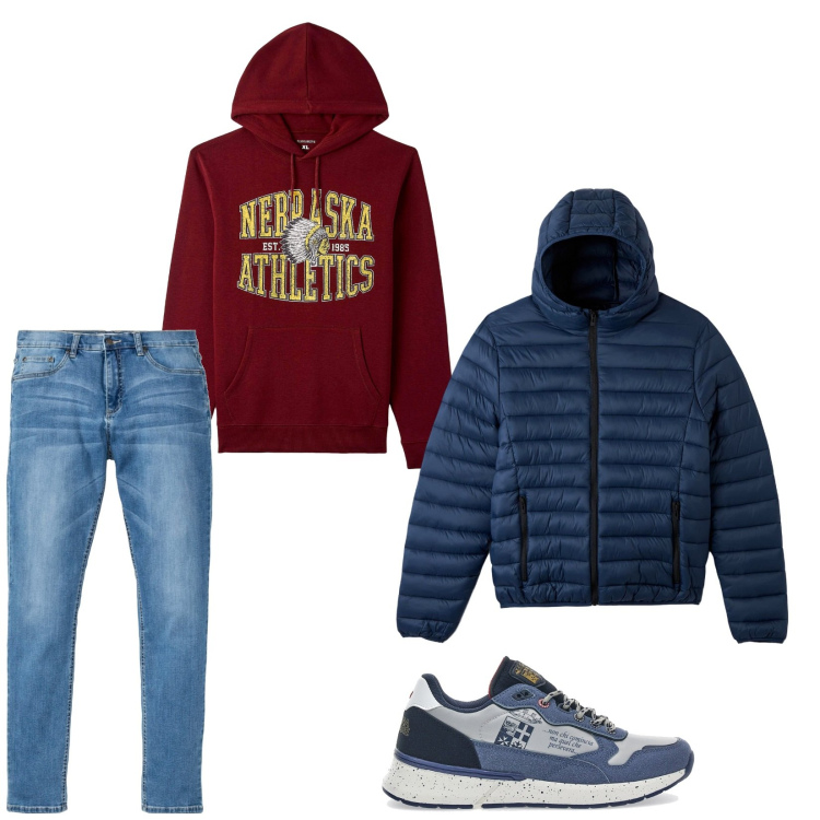 Outfit uomo - Con gli amici. Stile Casual per Tutti i giorni. Abbinamento con felpe con cappuccio, cappotti, jeans, sneakers.