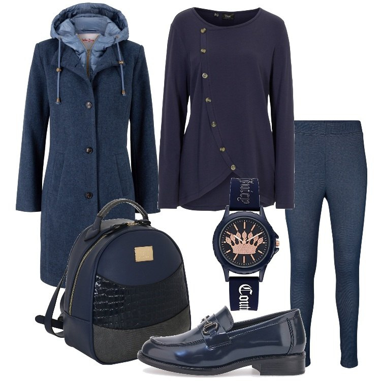 Outfit donna - A scuola in blu. Stile Casual per Scuola/Università. Abbinamento con cappotti, jeggings, maglieria, mocassini, zaini, orologi.