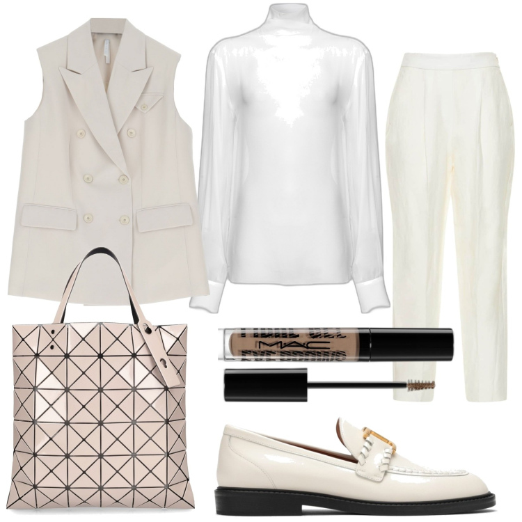 Outfit donna - Total look #1775504. Stile Bon Ton per Tutti i giorni. Abbinamento con mascara, bluse, gilet, mocassini, pantaloni, shopping bag.