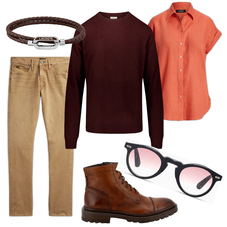 Outfit uomo - Total look #1775507. Stile Trendy per Tutti i giorni. Abbinamento con scarpe stringate, jeans, camicie a manica corta, maglieria, occhiali da sole, braccialetti.
