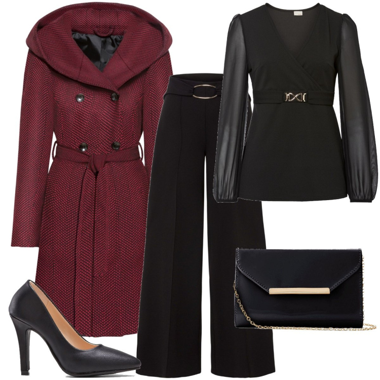 Outfit donna - Natale con Bonprix. Stile Bon Ton per Serata fuori. Abbinamento con pantaloni a palazzo, cappotti, maglieria, pochette, décolleté.