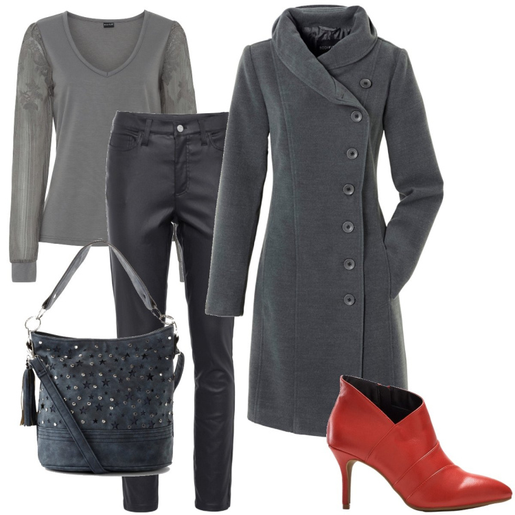 Outfit donna - Stivaletti rossi per Natale. Stile Casual chic per Serata fuori. Abbinamento con cappotti, stivaletti, pantaloni skinny, pullovers, borse a tracolla.