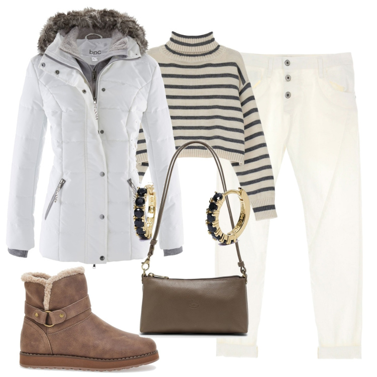 Outfit donna - Cozy and warm. Stile Casual chic per Tutti i giorni. Abbinamento con piumini, orecchini, pantaloni, maglieria, stivaletti, borse a spalla.