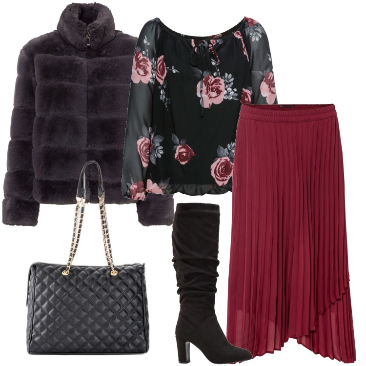 Outfit donna - bonprix Xmas Edition 2023. Stile Bon Ton per Serata fuori. Abbinamento con shopping bag, gonne, ecopellicce, bluse, stivali sopra il ginocchio.