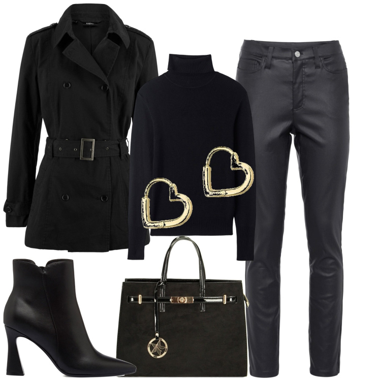 Outfit donna - Total look #1775546. Stile Trendy per Tutti i giorni. Abbinamento con trench, pantaloni skinny, maglieria, borse a mano, stivaletti, orecchini.