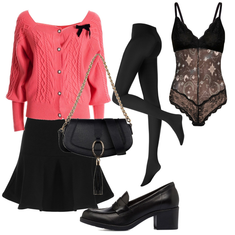 Outfit donna - Quando ho voglia di libri in biblioteca. Stile Casual chic per Ufficio. Abbinamento con collant, body, minigonne, borse a spalla, cardigans, mocassini.