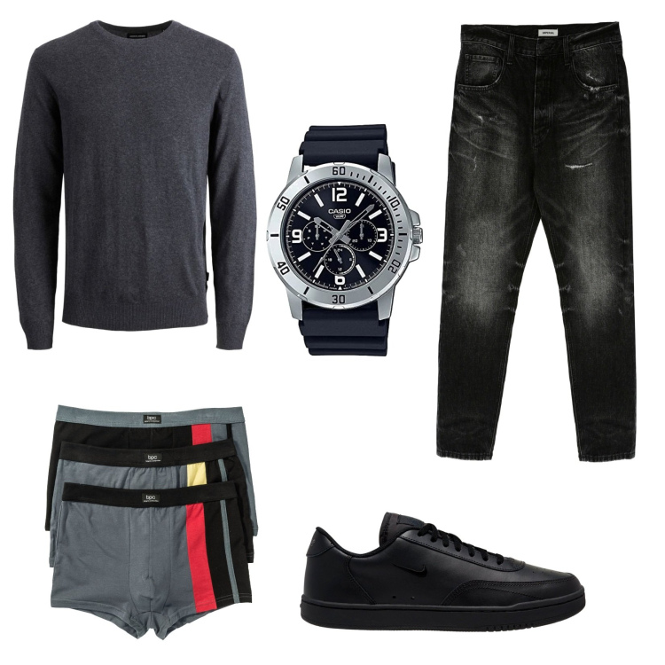 Outfit uomo - Serate a casa. Stile Urban per Tutti i giorni. Abbinamento con boxer, jeans slim fit, maglieria, sneakers, orologi.