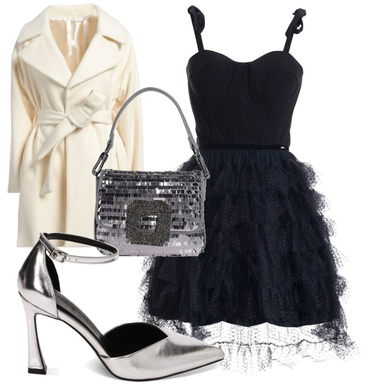 Outfit donna - Xmas party. Stile Chic per Serata fuori. Abbinamento con cappotti, borse a mano, vestiti corti, décolleté.