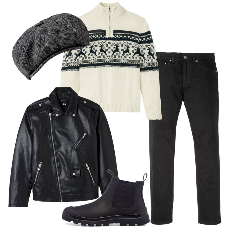 Outfit uomo - La coppola tweed. Stile Urban per Serata speciale. Abbinamento con maglieria, jeans slim fit, giacche, stivali e stivaletti, cappelli.