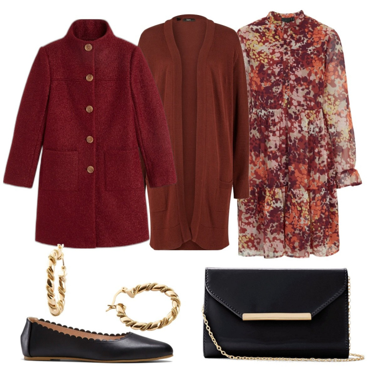 Outfit donna - Red. Stile Casual chic per Tutti i giorni. Abbinamento con cardigans, vestiti, cappotti, ballerine, pochette, orecchini.