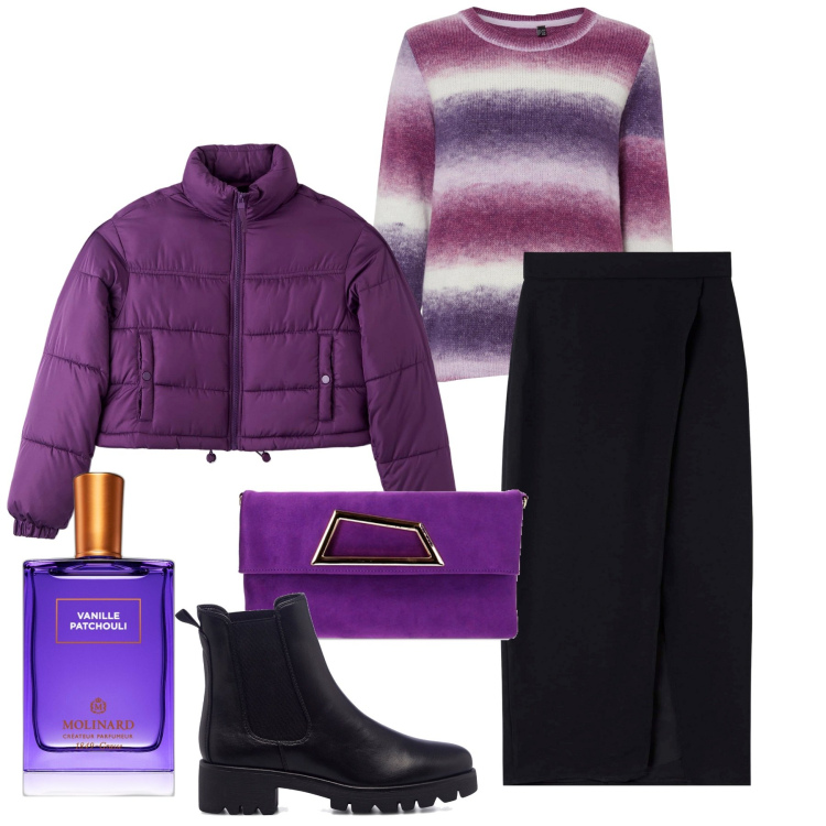 Outfit donna - Eclettica. Stile Urban per Tutti i giorni. Abbinamento con maglieria, profumi, gonne lunghe, piumini, pochette, stivaletti.