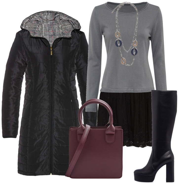 Outfit donna - Vita bassa e tacchi alti. Stile Bon Ton per Ufficio. Abbinamento con blazer, vestiti, shopping bag, stivali, ciondoli.