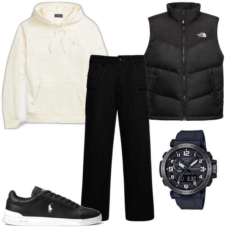 Outfit uomo - Sportivo con stile. Stile Casual per Tutti i giorni. Abbinamento con felpe con cappuccio, sneakers, pantaloni cargo, piumini, orologi analogici.