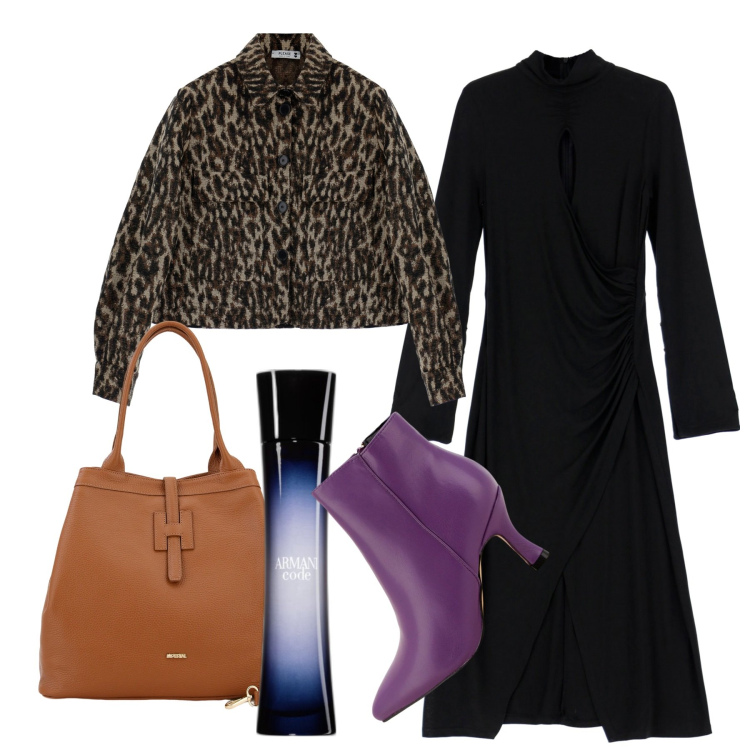 Outfit donna - Stivaletti viola. Stile Chic per Tutti i giorni. Abbinamento con profumi, cappotti, vestiti midi/longuette, stivaletti, borse a secchiello.