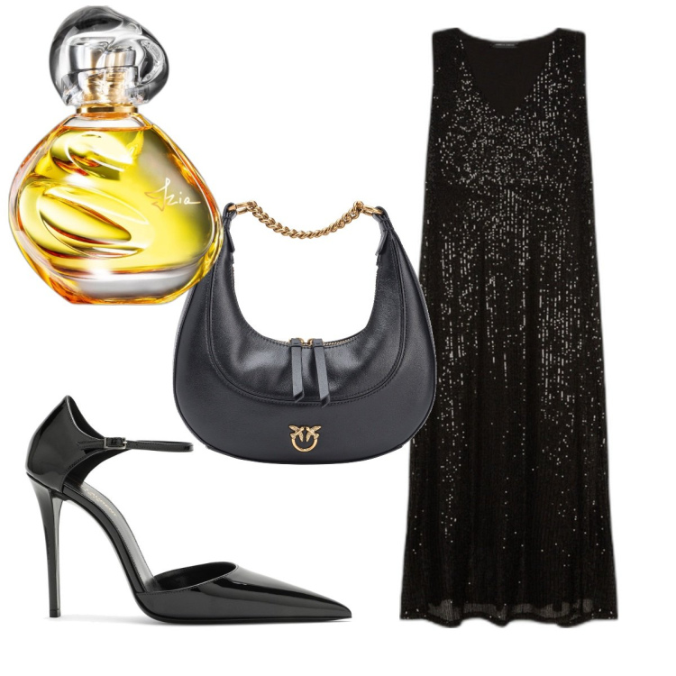 Outfit donna - Total look #1775649. Stile Trendy per Serata fuori. Abbinamento con profumi, borse a spalla, vestiti lunghi, scarpe col tacco.