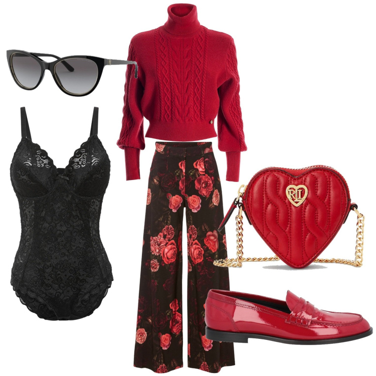 Outfit donna - Passione floreale. Stile Romantica per Tutti i giorni. Abbinamento con body, pantaloni, mocassini, maglieria, pochette, occhiali da sole.