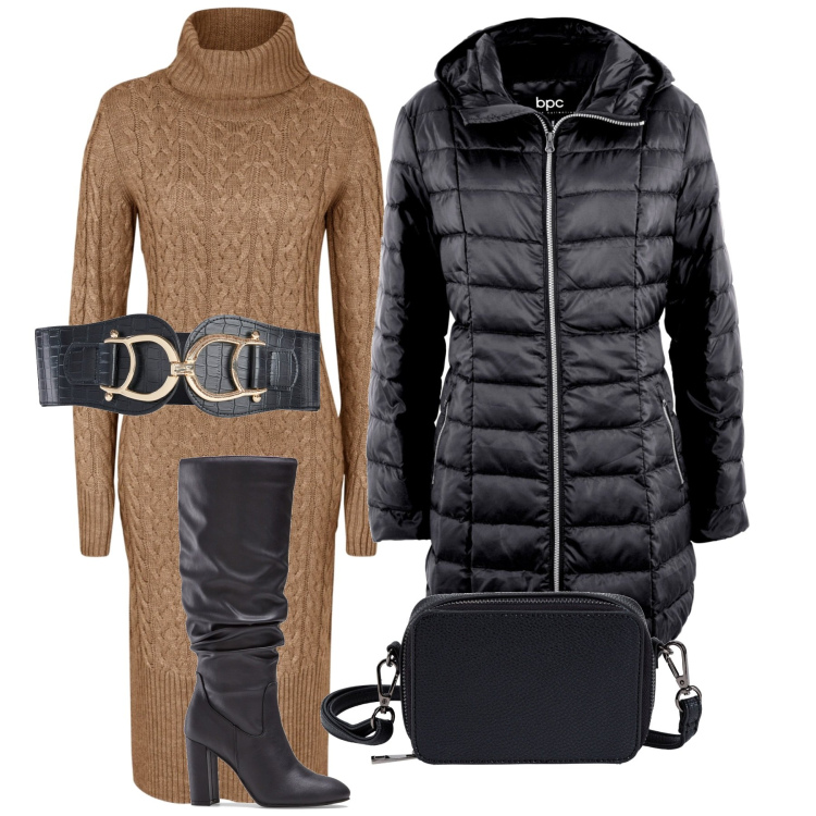 Outfit donna - Total look #1775665. Stile Minimal per Tutti i giorni. Abbinamento con borse a tracolla, cinture, vestiti midi/longuette, piumini, stivali sopra il ginocchio.