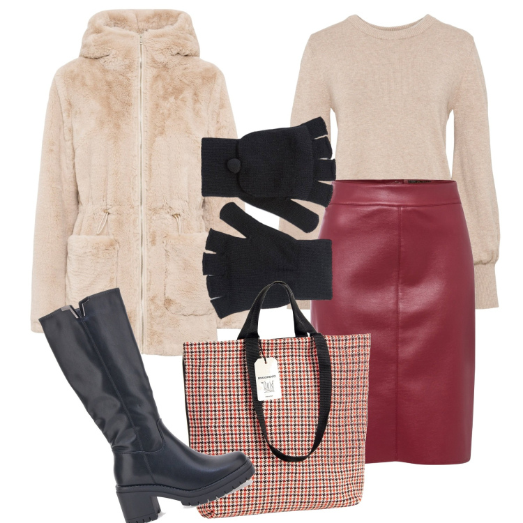 Outfit donna - Shopping in città. Stile Chic per Tutti i giorni. Abbinamento con ecopellicce, maglieria, gonne longuette, guanti, borse tote, stivali sopra il ginocchio.