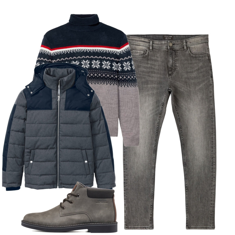 Outfit uomo - City. Stile Casual per Tutti i giorni. Abbinamento con maglieria, piumini, jeans skinny, stivali e stivaletti.