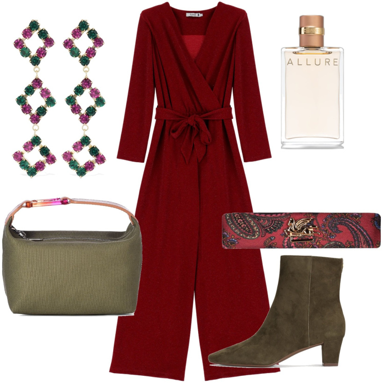 Outfit donna - La Tuta palazzo. Stile Trendy per Cerimonia. Abbinamento con profumi, tute, stivaletti, orecchini, accessori per capelli, borse a mano.