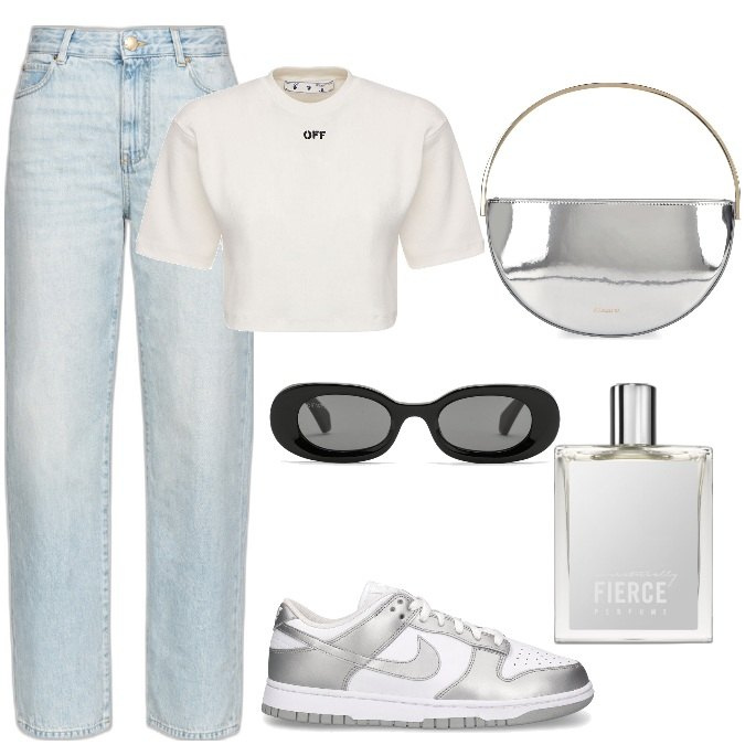 Outfit donna - Total look #1775677. Stile Trendy per Tutti i giorni. Abbinamento con profumi, jeans boyfriend, sneakers, occhiali da sole, pochette, t-shirt.