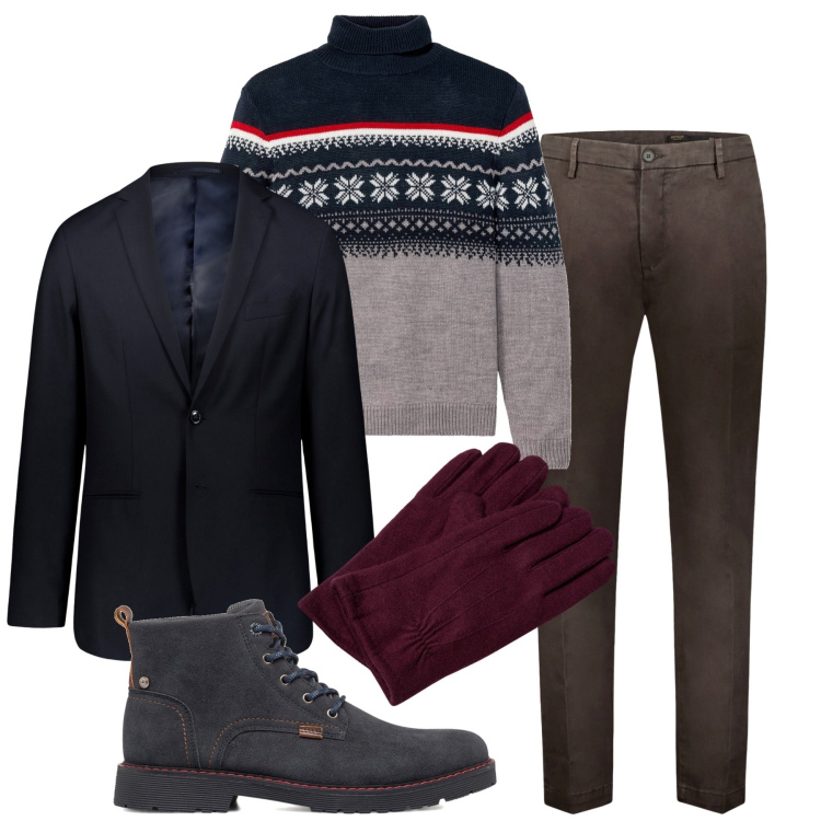 Outfit uomo - Aria natalizia. Stile Trendy per Tutti i giorni. Abbinamento con maglieria, anfibi, pantaloni, cappotti, guanti.