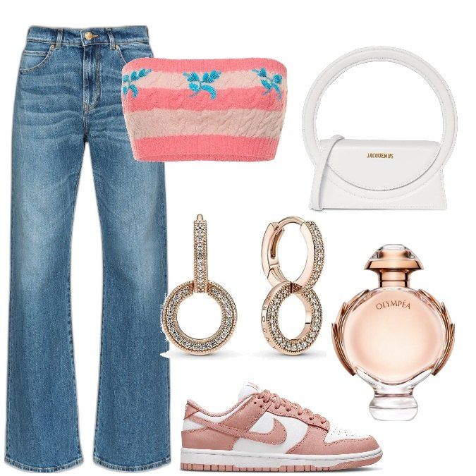 Outfit donna - Total look #1775733. Stile Trendy per Tutti i giorni. Abbinamento con profumi, jeans a zampa, sneakers, borse a mano, top, orecchini.