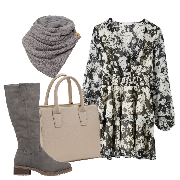 Outfit donna - Grigio romantico. Stile Romantica per Tutti i giorni. Abbinamento con foulard, vestiti corti, shopping bag, stivali sopra il ginocchio.