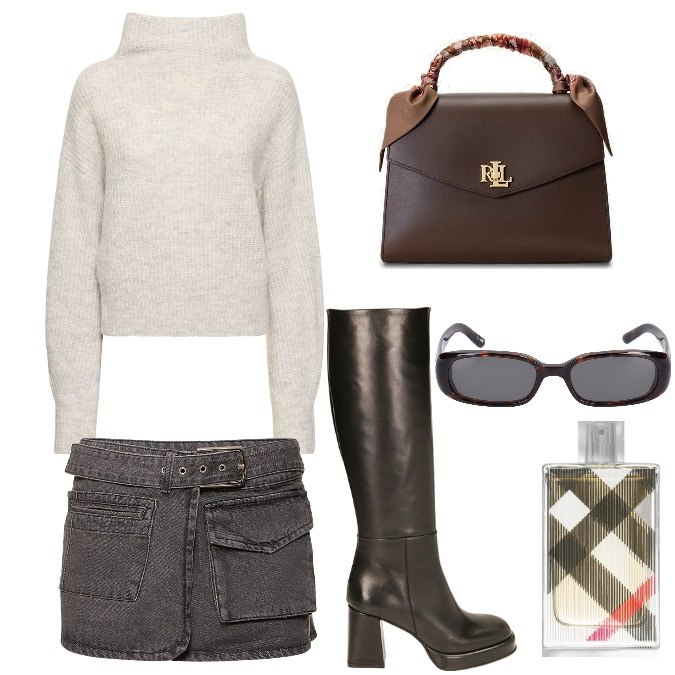 Outfit donna - Total look #1775753. Stile Trendy per Tutti i giorni. Abbinamento con profumi, stivali, borse a mano, maglieria, minigonne, occhiali da sole.