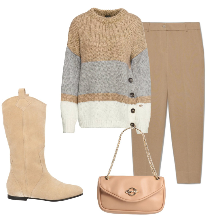 Outfit donna - Maglioni caldi. Stile Casual per Ufficio. Abbinamento con maglieria, stivali sopra il ginocchio, borse a spalla, pantaloni.