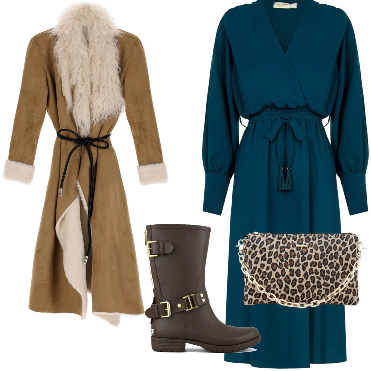 Outfit donna - Casual chic. Stile Casual chic per Serata fuori. Abbinamento con vestiti midi/longuette, pochette, cappotti, stivali.