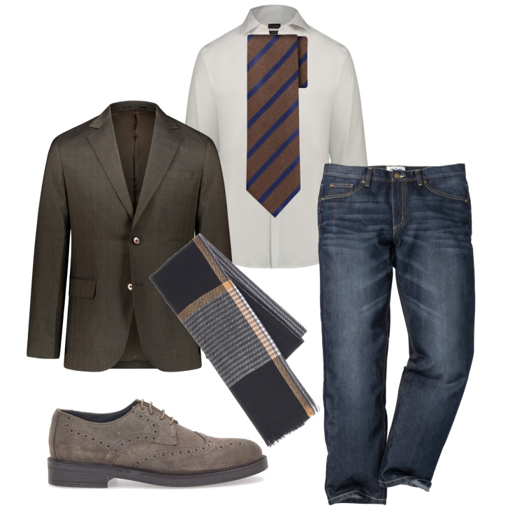 Outfit uomo - Versatile. Stile Trendy per Tutti i giorni. Abbinamento con jeans dritti, abiti, camicie, cravatte, sciarpe, scarpe stringate.