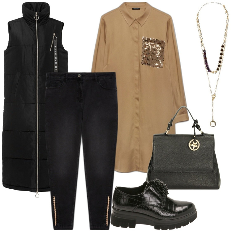 Outfit donna - Ottimismo. Stile Casual chic per Tutti i giorni. Abbinamento con gilet, scarpe stringate, borse a mano, jeans skinny, camicie, collane.