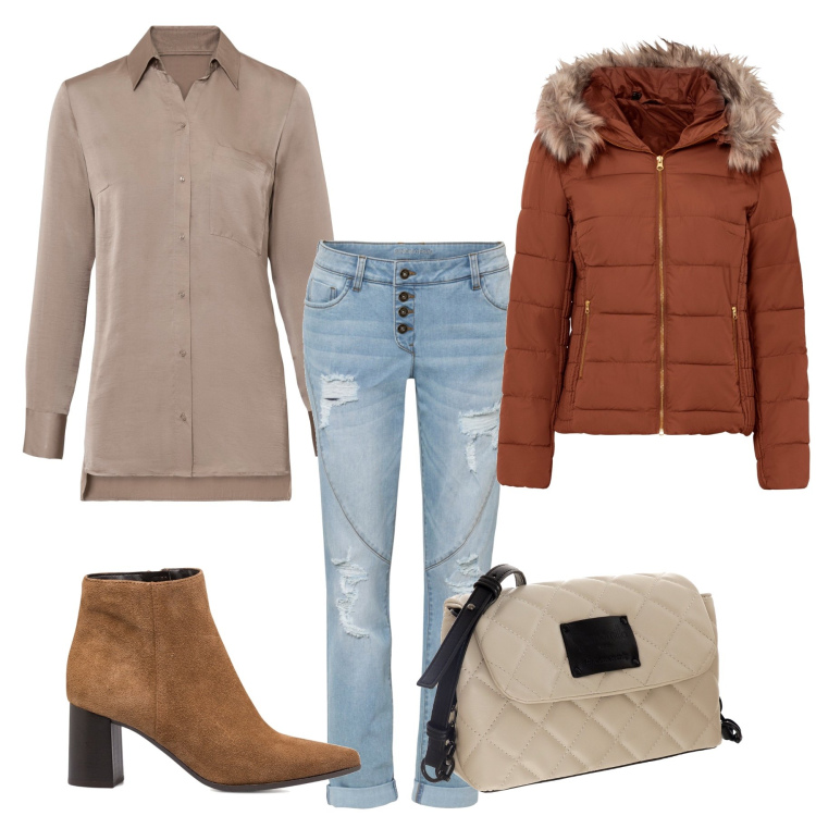Outfit donna - Toni del marrone. Stile Casual per Scuola/Università. Abbinamento con giacche, camicie, jeans boyfriend, stivaletti, borse a tracolla.
