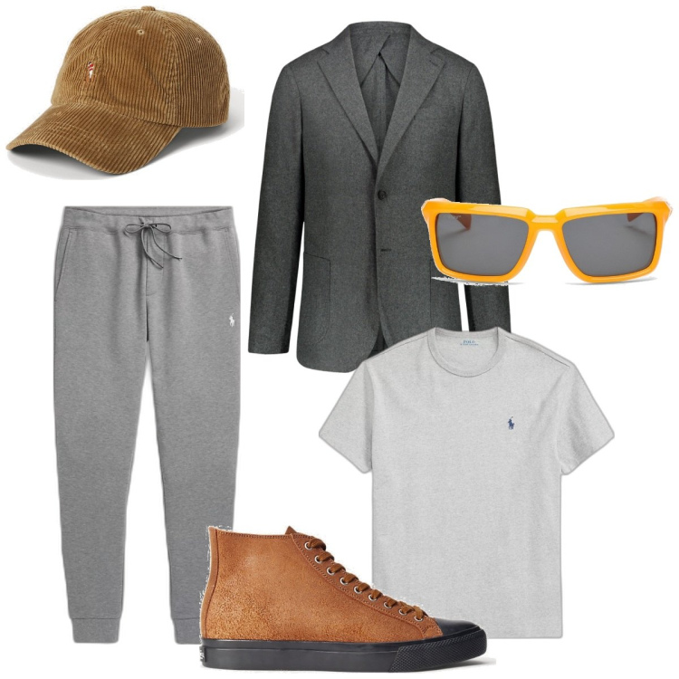 Outfit uomo - Man in grey. Stile Casual Abbinamento con sneakers, t-shirt, cappelli, pantaloni, occhiali da sole, giacche.