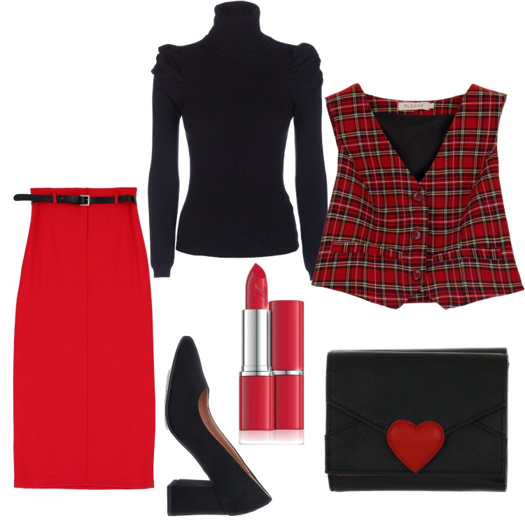Outfit donna - Mercoledì 6 dicembre-AperitivoRosso&Nero. Stile Chic per Serata fuori. Abbinamento con rossetti, maglieria, gilet, gonne lunghe, décolleté, portafogli.